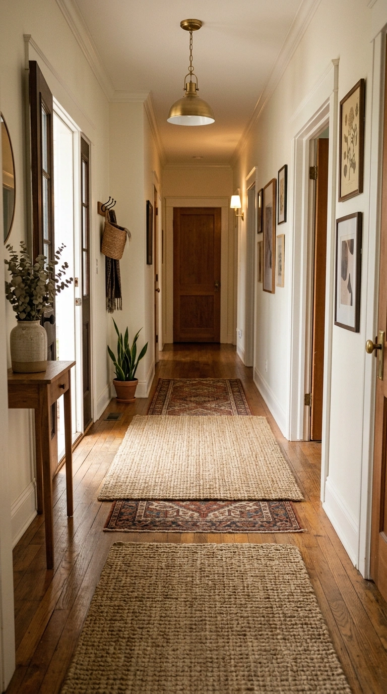016 Layered Runner Rug A hallway with a patterned runn