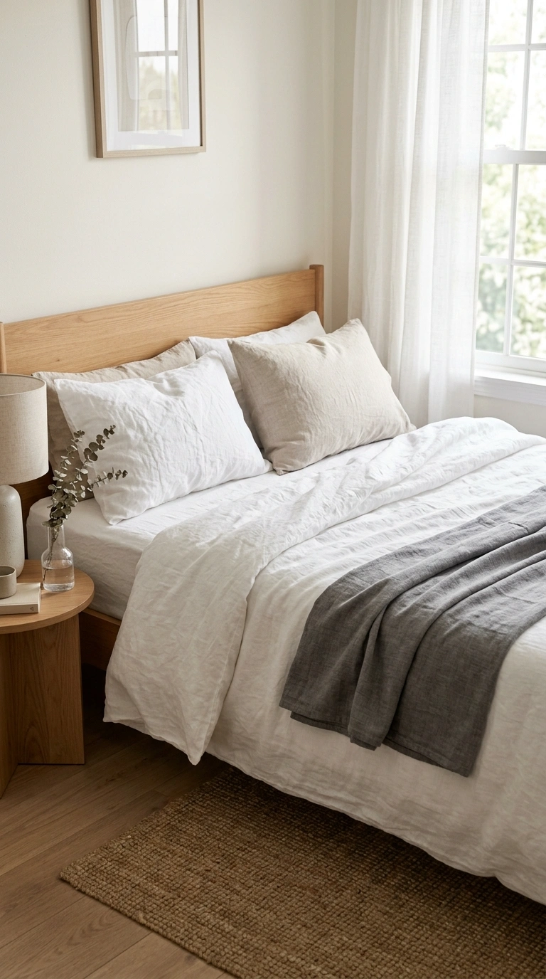 016 Linen Bedding Style A bed made with soft wrinkled