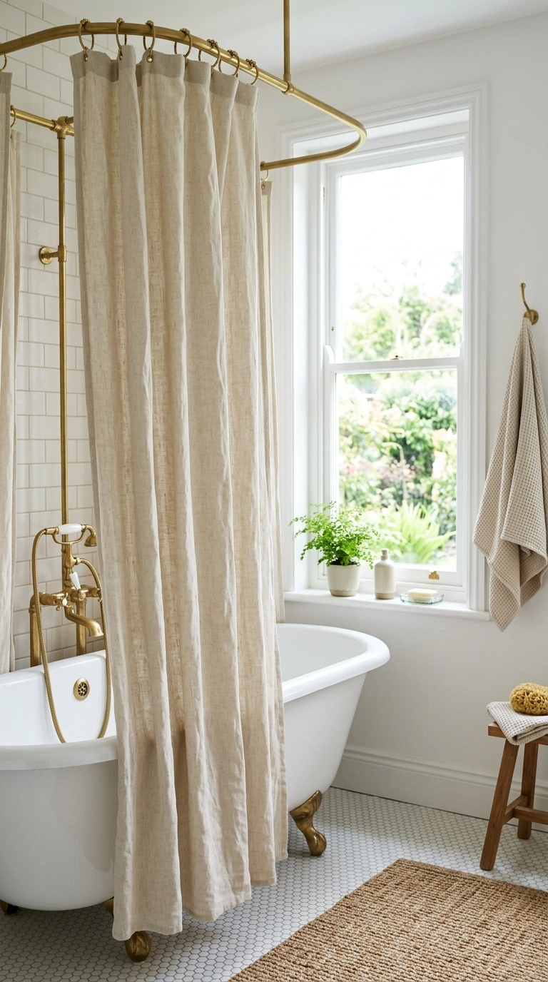19 Elegant Guest Bathroom Decor Ideas You'll Want to Copy 17 016 Linen Shower Curtain A bathroom scene showing an i