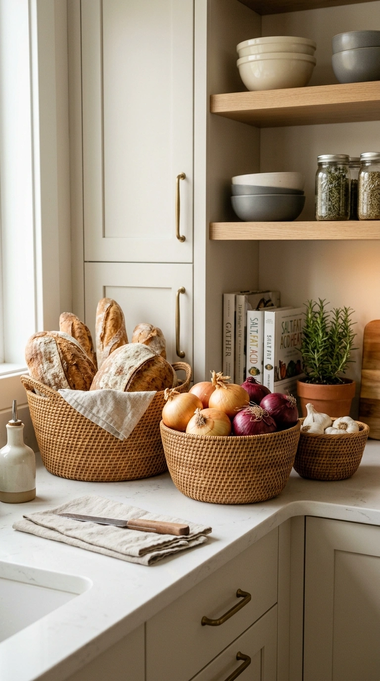 016 Natural Rattan Baskets A white kitchen counter fea