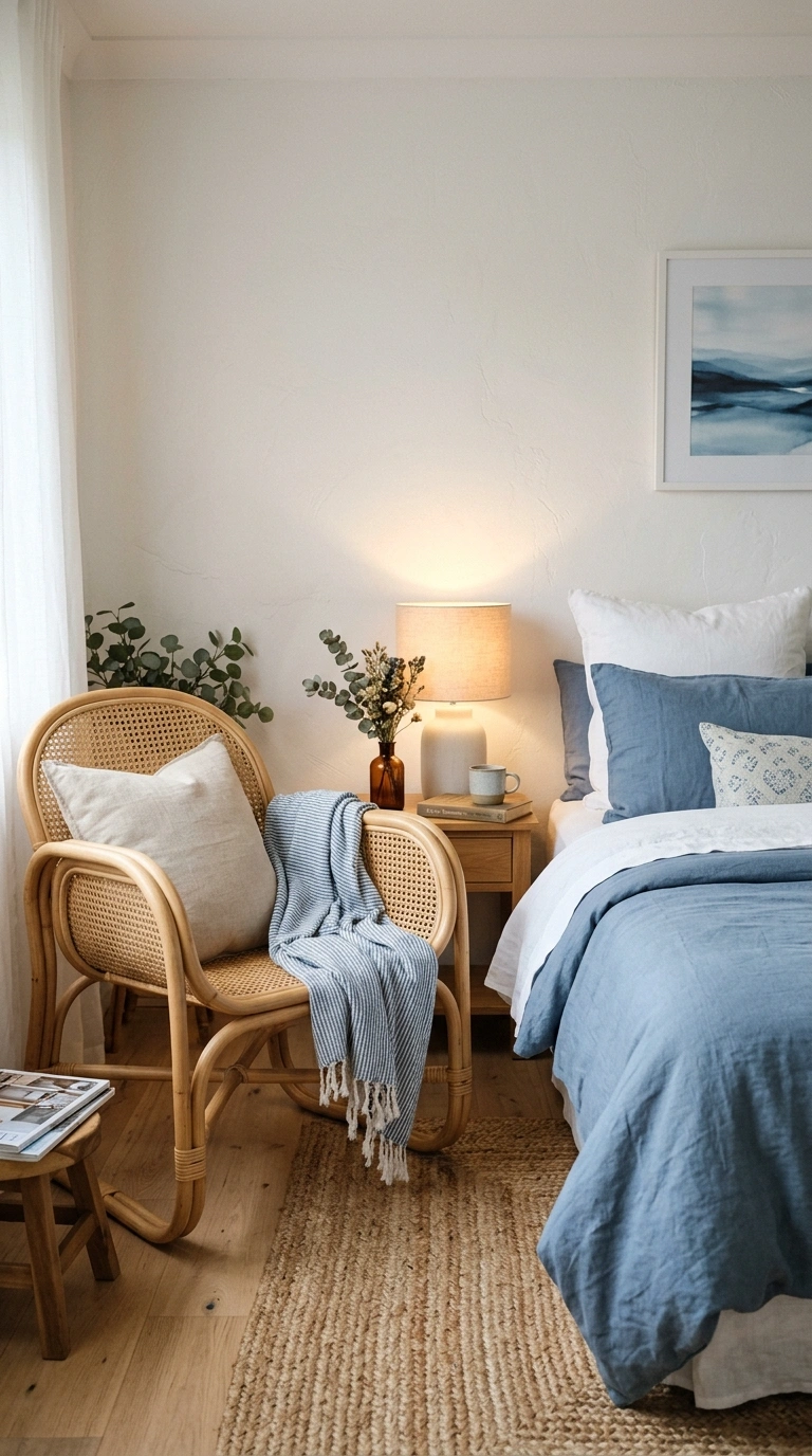 016 Rattan Blue Accents A bedroom corner featuring a n