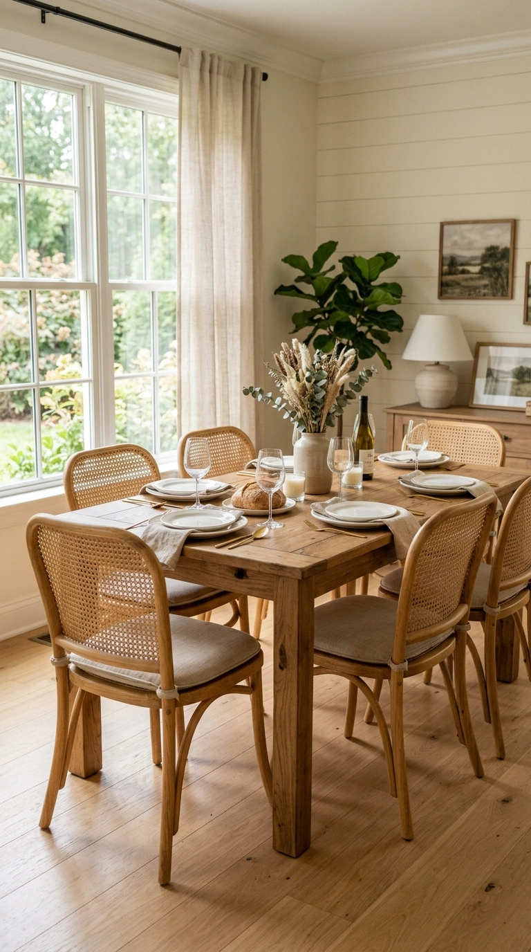 17 Dining Table Decor Ideas to Create a Beautiful Tablescape 17 016 Rattan Chair Accents A dining scene showing a wood