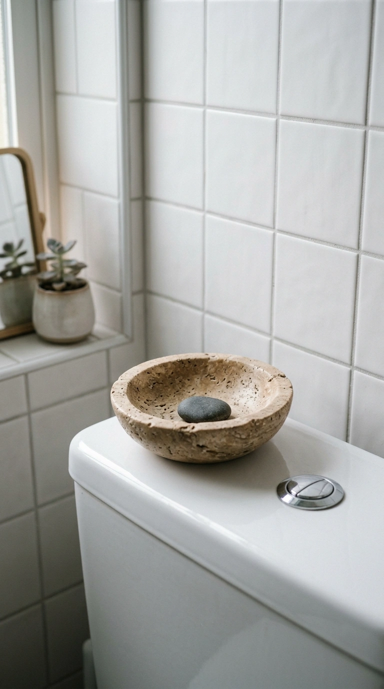 21 Toilet Tank Decor Ideas for a Prettier Bathroom 17 016 Textured Stone Bowl A small shallow travertine sto