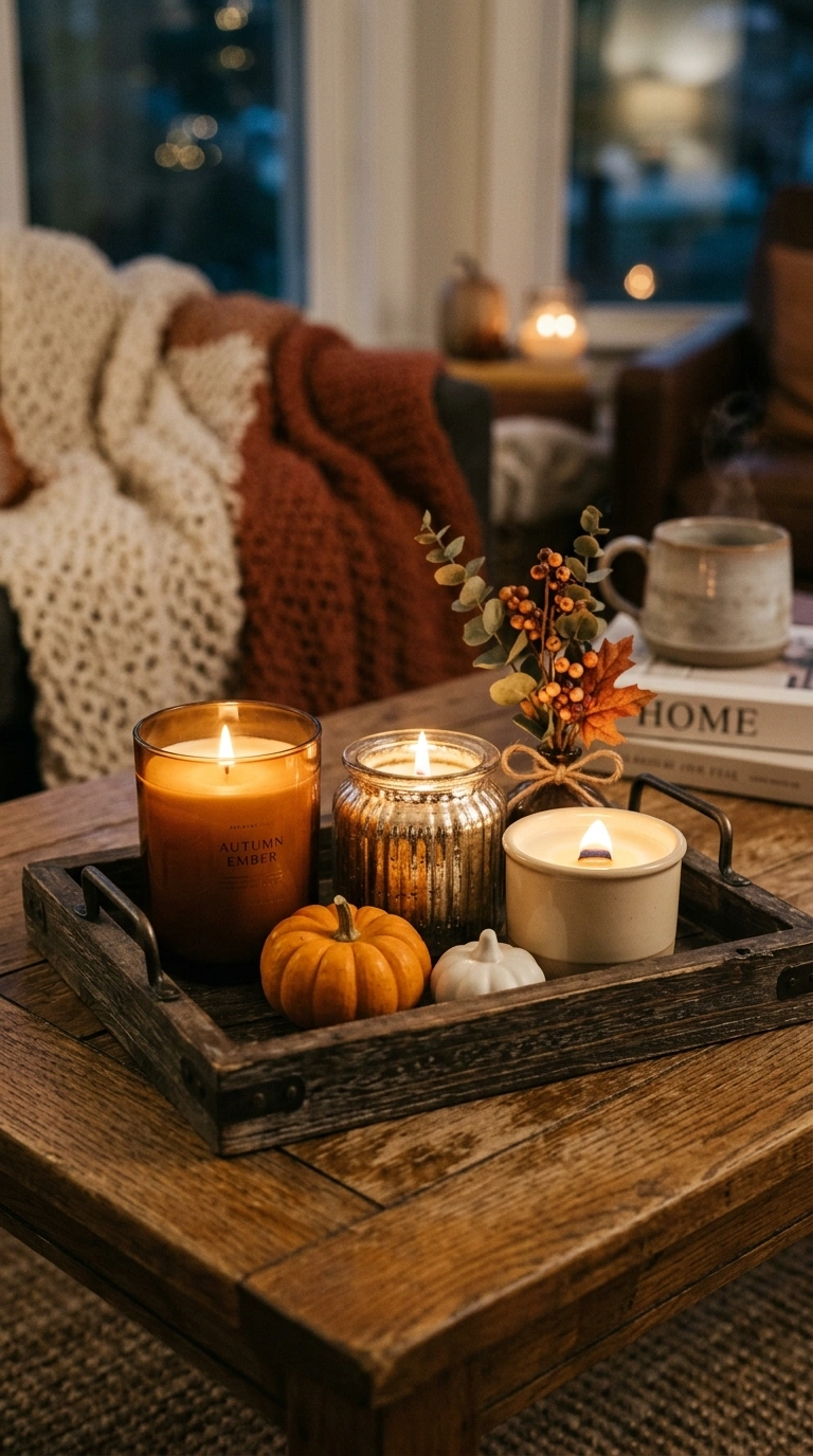 017 17 Cozy Candle Trio A tray styled with three candl