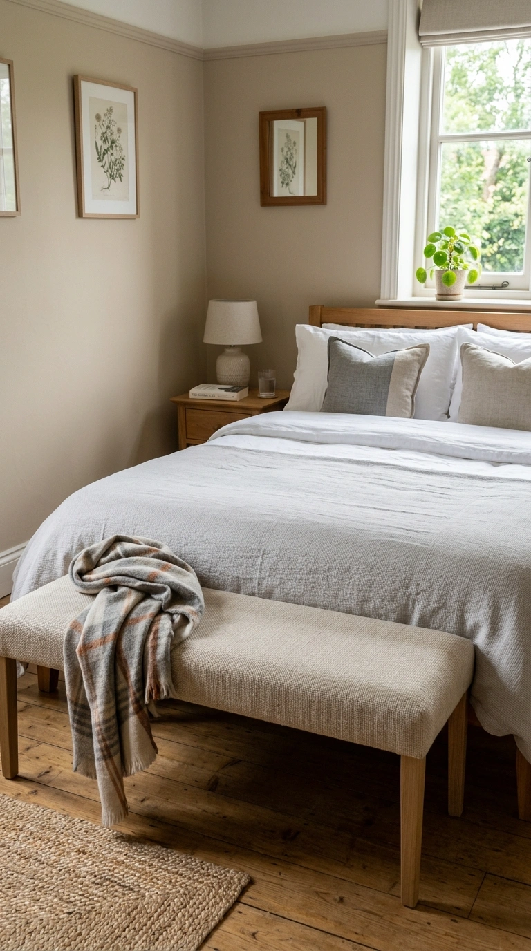 017 Bench At Footboard A small bedroom with a narrow u