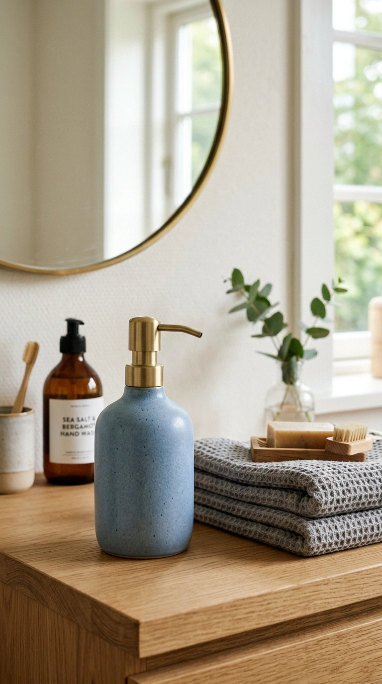 017 Blue Ceramic Soap Dispenser A bathroom vanity coun