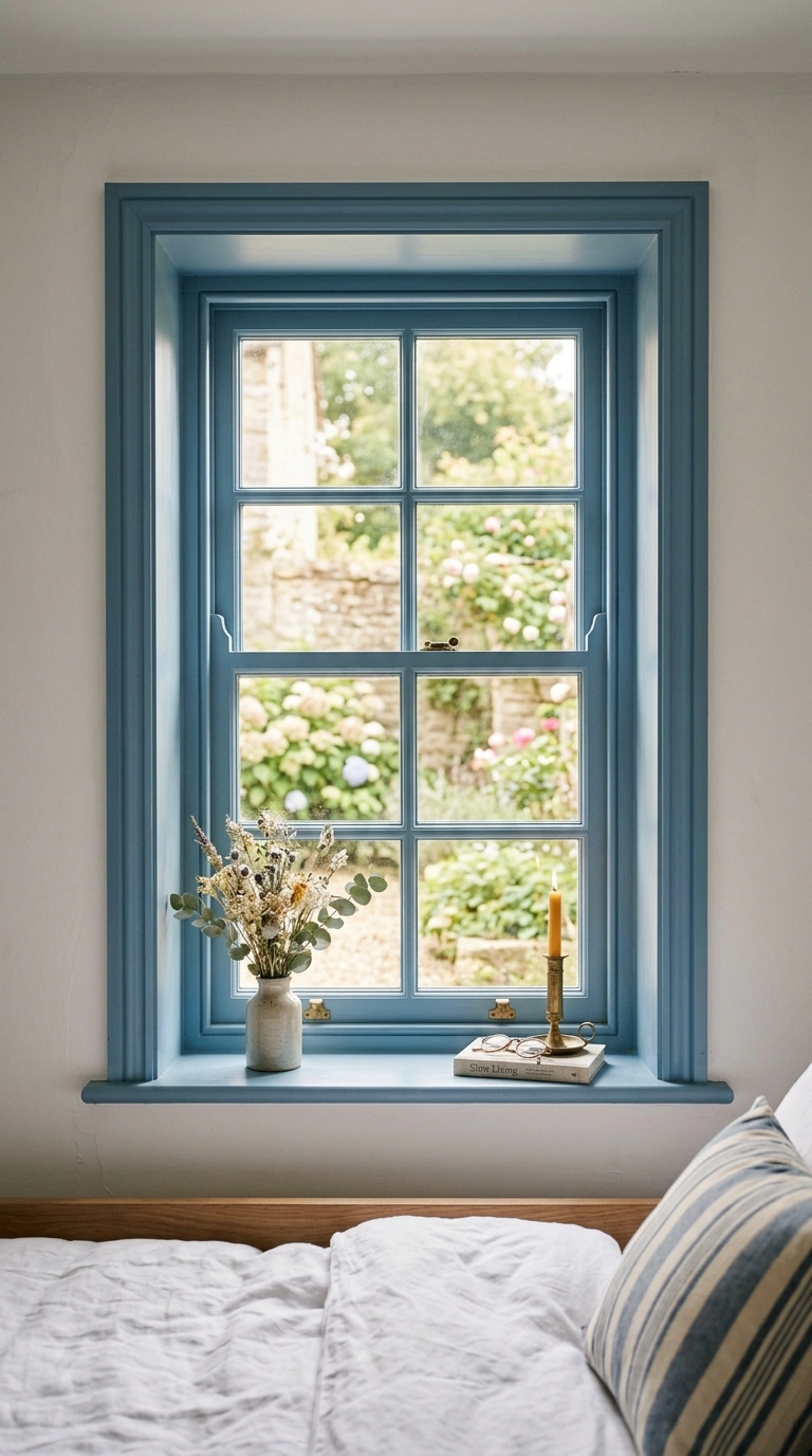 017 Blue Painted Trim A bedroom window featuring soft