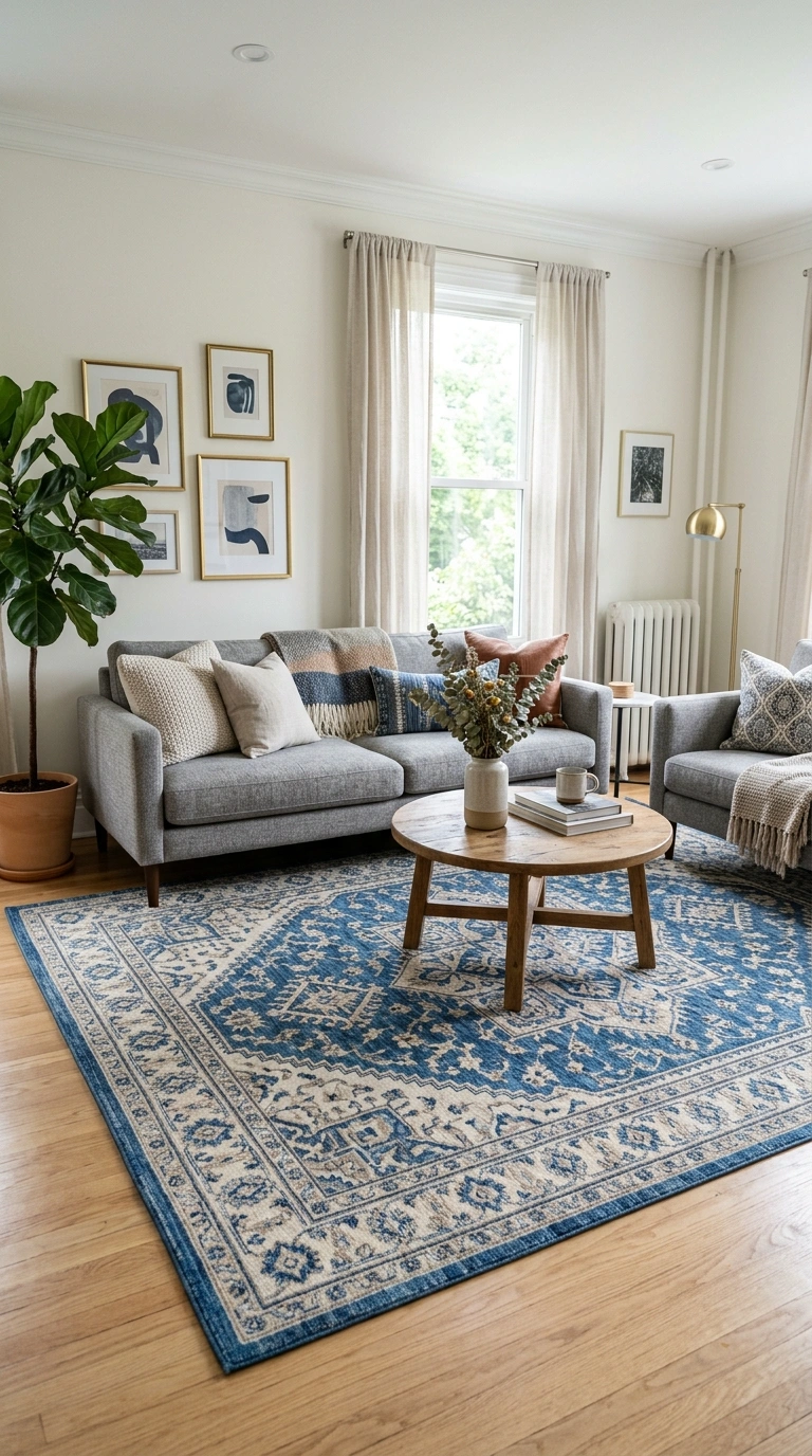 017 Blue Patterned Rug A blue and cream patterned area