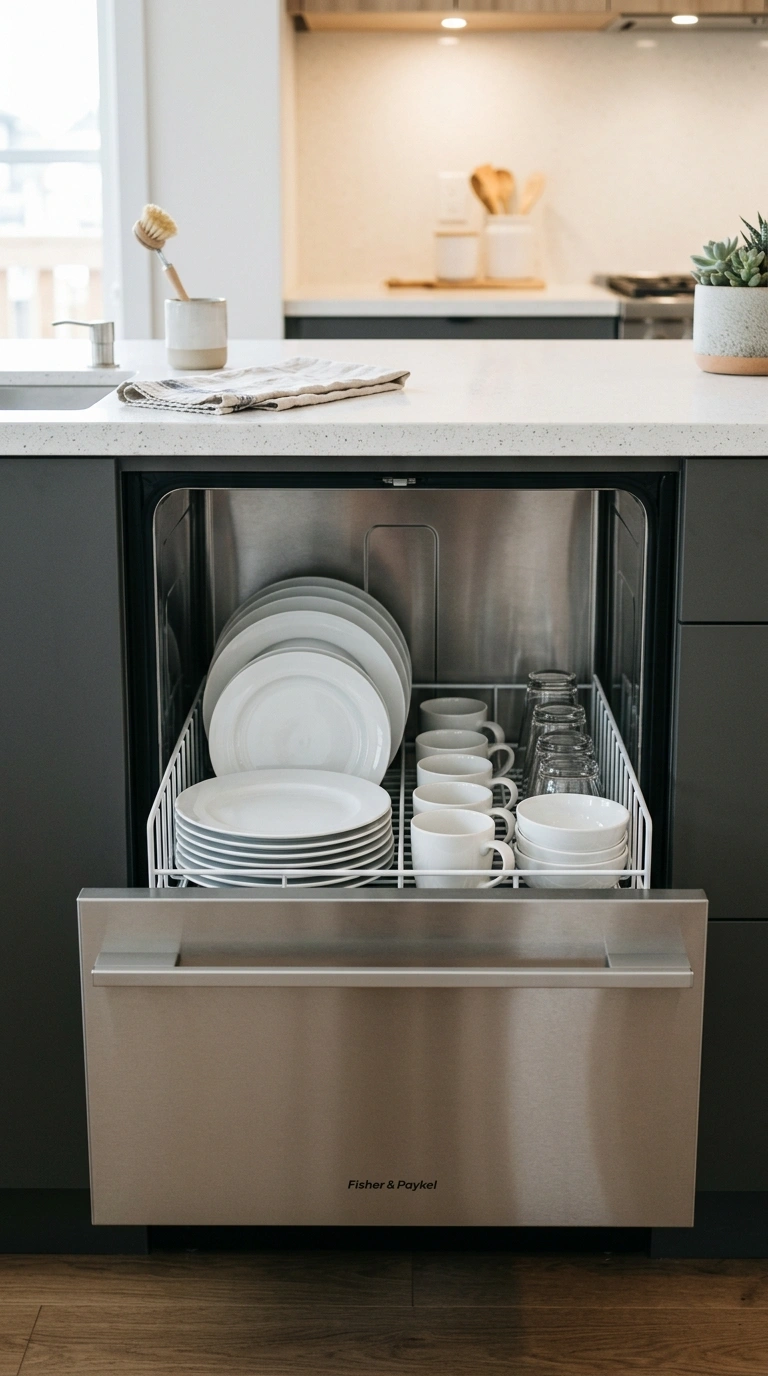 22 Creative Mini Kitchen Ideas for Small Spaces 18 017 Compact Dish Drawer A single dish drawer pulled op