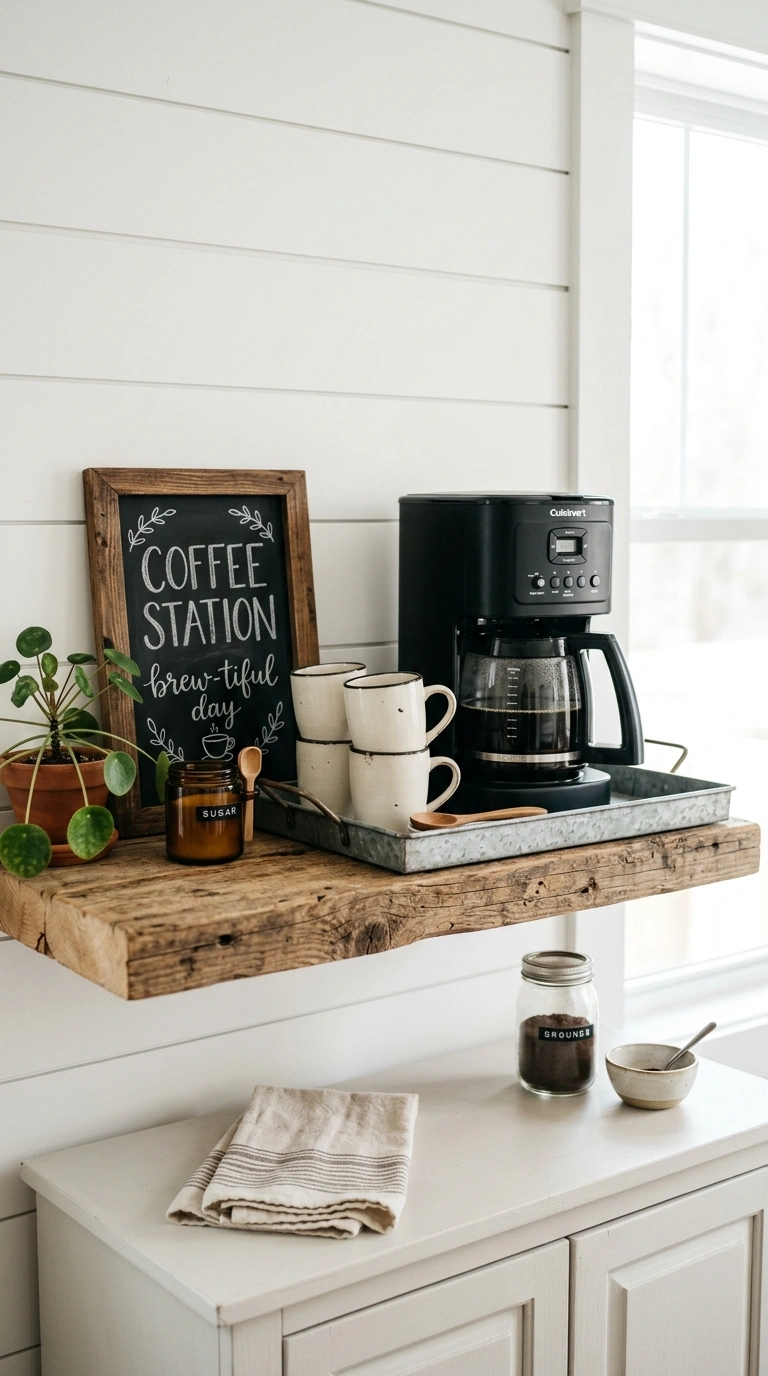 017 Farmhouse Coffee Station A reclaimed wood shelf ho