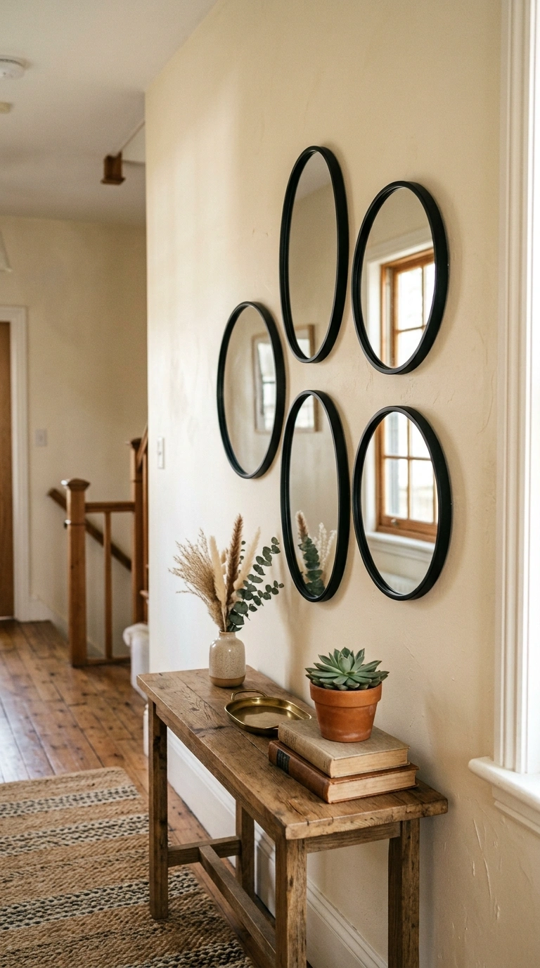017 Framed Mirror Cluster A hallway wall with a cluste
