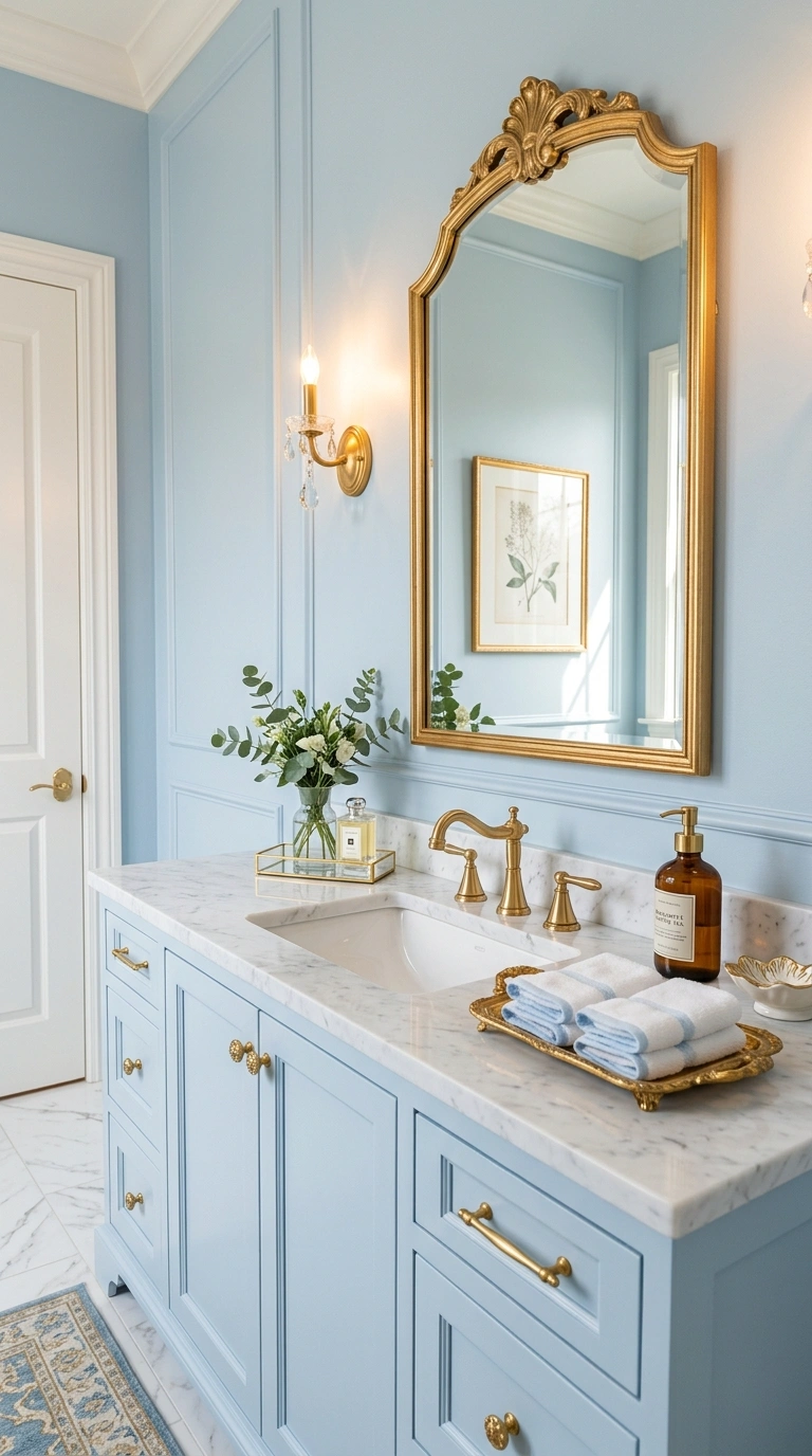 19 Best Bathroom Color Schemes for Every Style 18 017 Light Blue And Gold A powder room with powdery lig