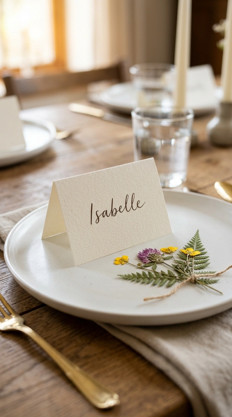 17 Dining Table Decor Ideas to Create a Beautiful Tablescape 18 017 Personalized Place Cards A close up shot of a fold