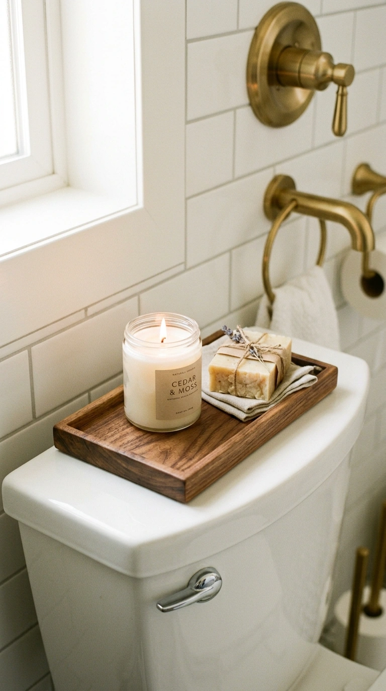 21 Toilet Tank Decor Ideas for a Prettier Bathroom 18 017 Small Wood Tray A small walnut wood tray with visi