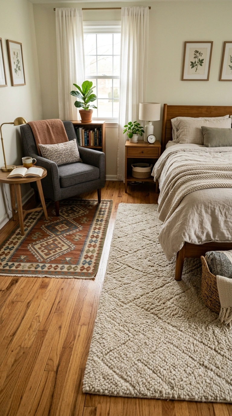 017 Soft Rug Layering A bedroom floor with a large plu