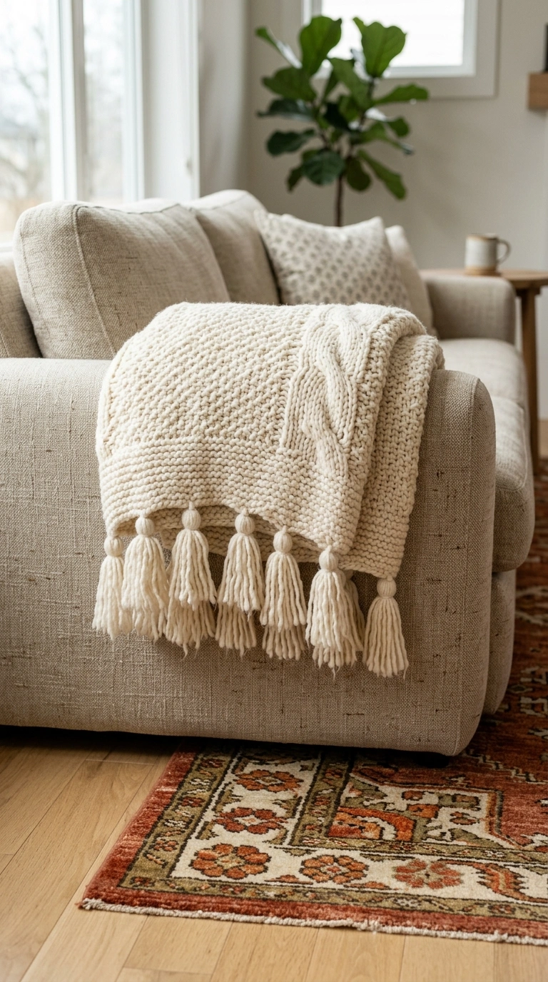 017 Tassel Throw Blanket A chunky cream knit throw bla