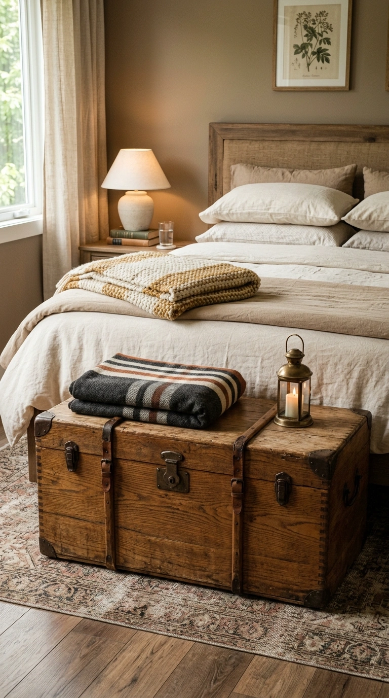 017 Trunk At Foot A vintage style wooden storage trunk