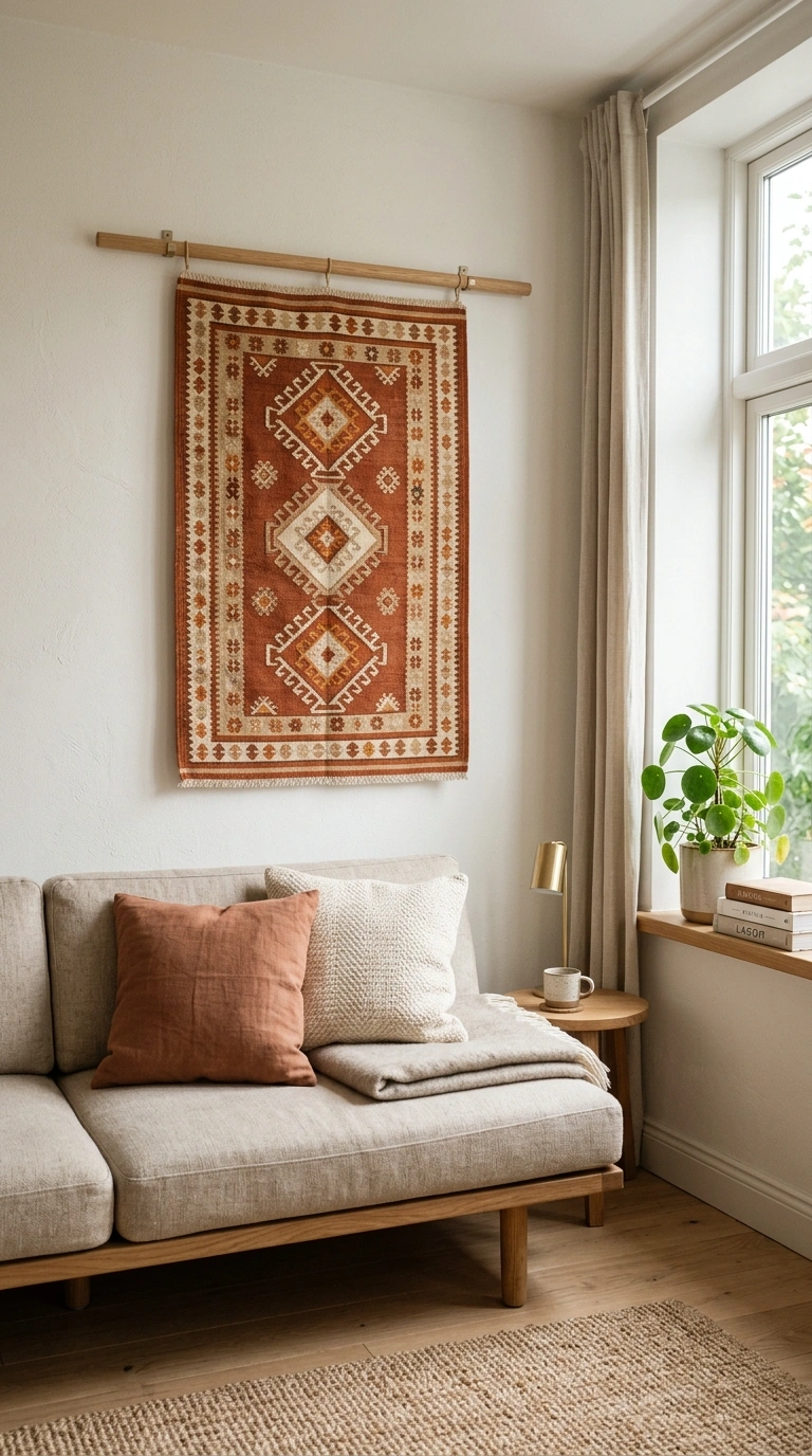 23 Easy Wall Decor Ideas to Make Any Room Look Brand New 18 017 Wall Hung Rug A living room wall above a low sofa