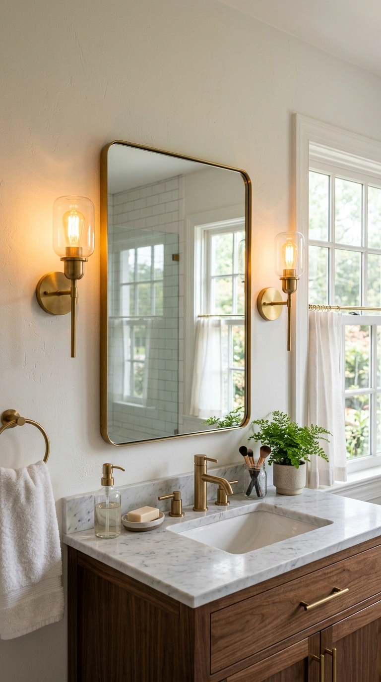 19 Elegant Guest Bathroom Decor Ideas You'll Want to Copy 18 017 Wall Sconce Lighting A bathroom vanity scene with