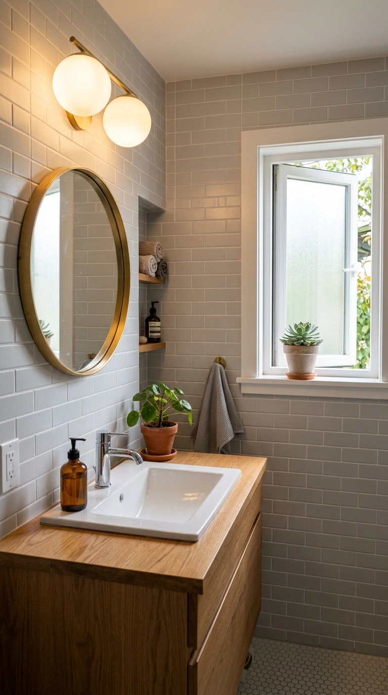 017 Warm White Lighting A small bathroom with a warm t