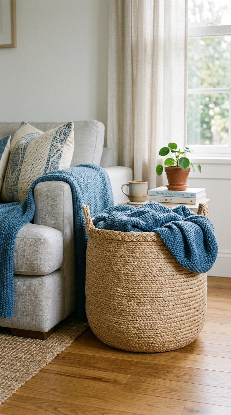 23 Blue and Beige Living Room Ideas That Make This Classic Pairing Work 19 018 18 Beige Woven Basket A large woven beige basket b
