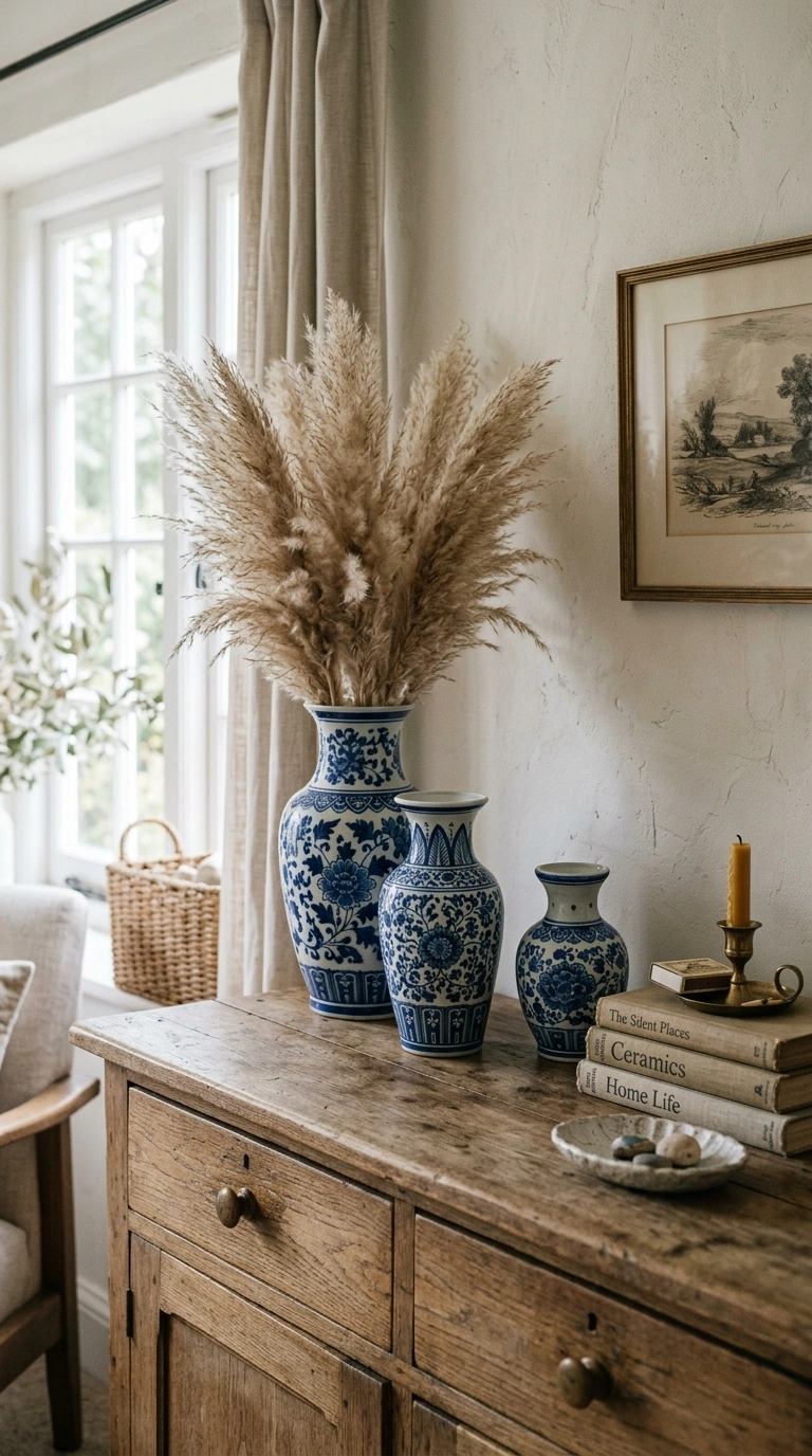 018 18 Blue Ceramic Vases A styled dresser top with th