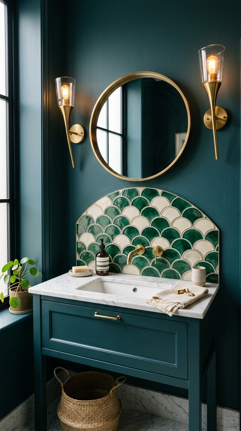 018 18 Bold Tile Backsplash A small powder room vanity
