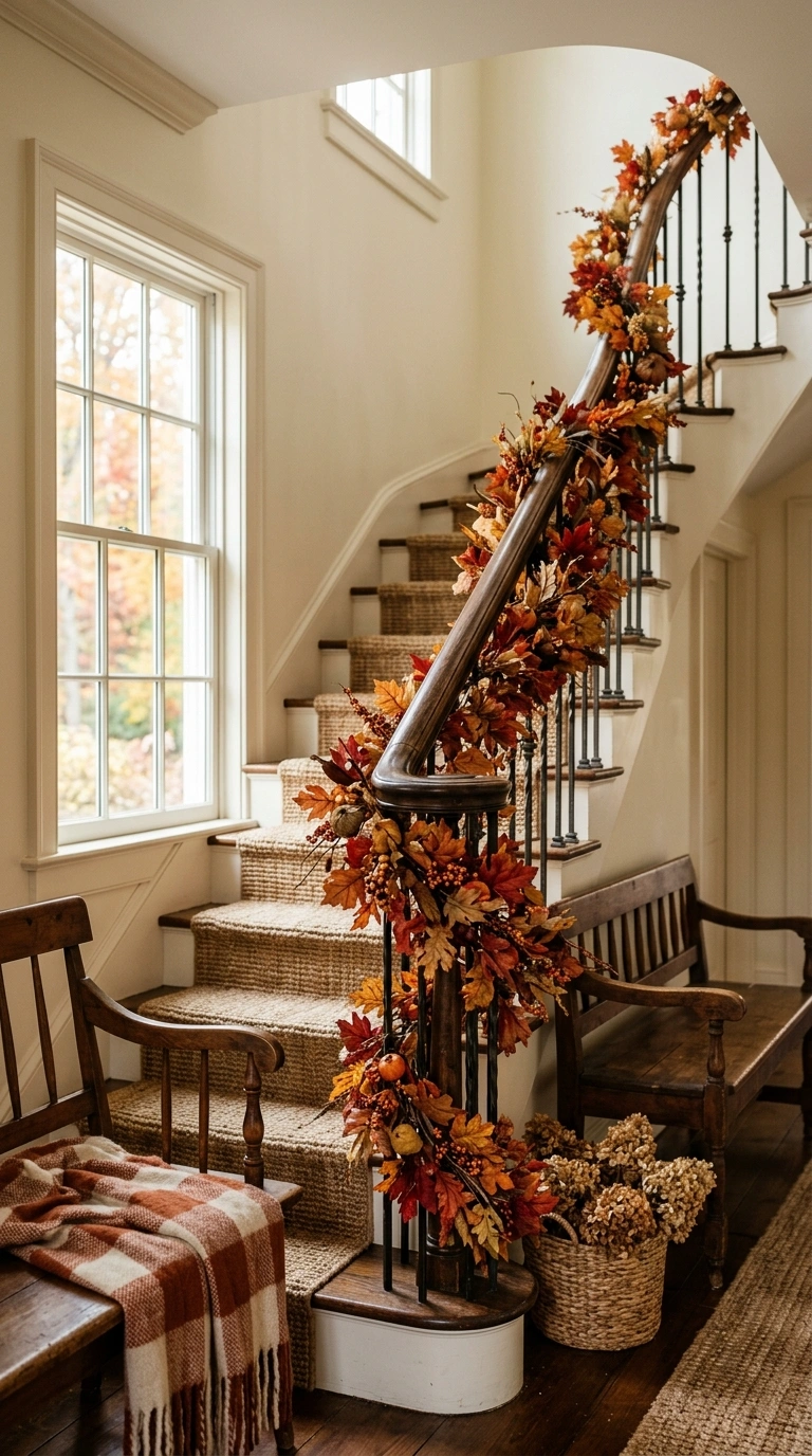 25 Dollar Tree Fall Decor Ideas That Look Expensive 19 018 18 Faux Fall Leaves Garland A staircase railing dr