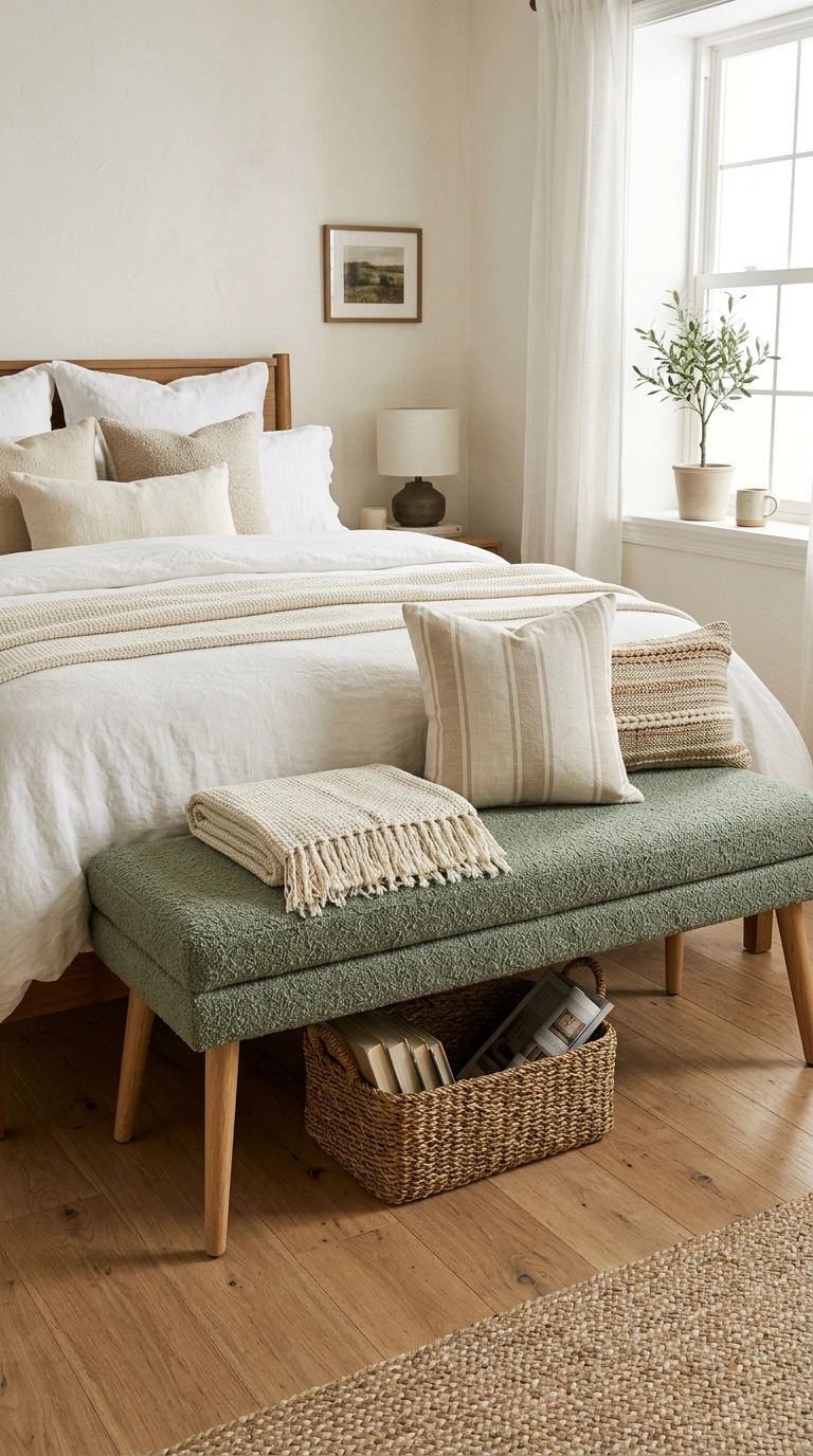 018 18 Sage Green Bench Seat A bed with white and crea