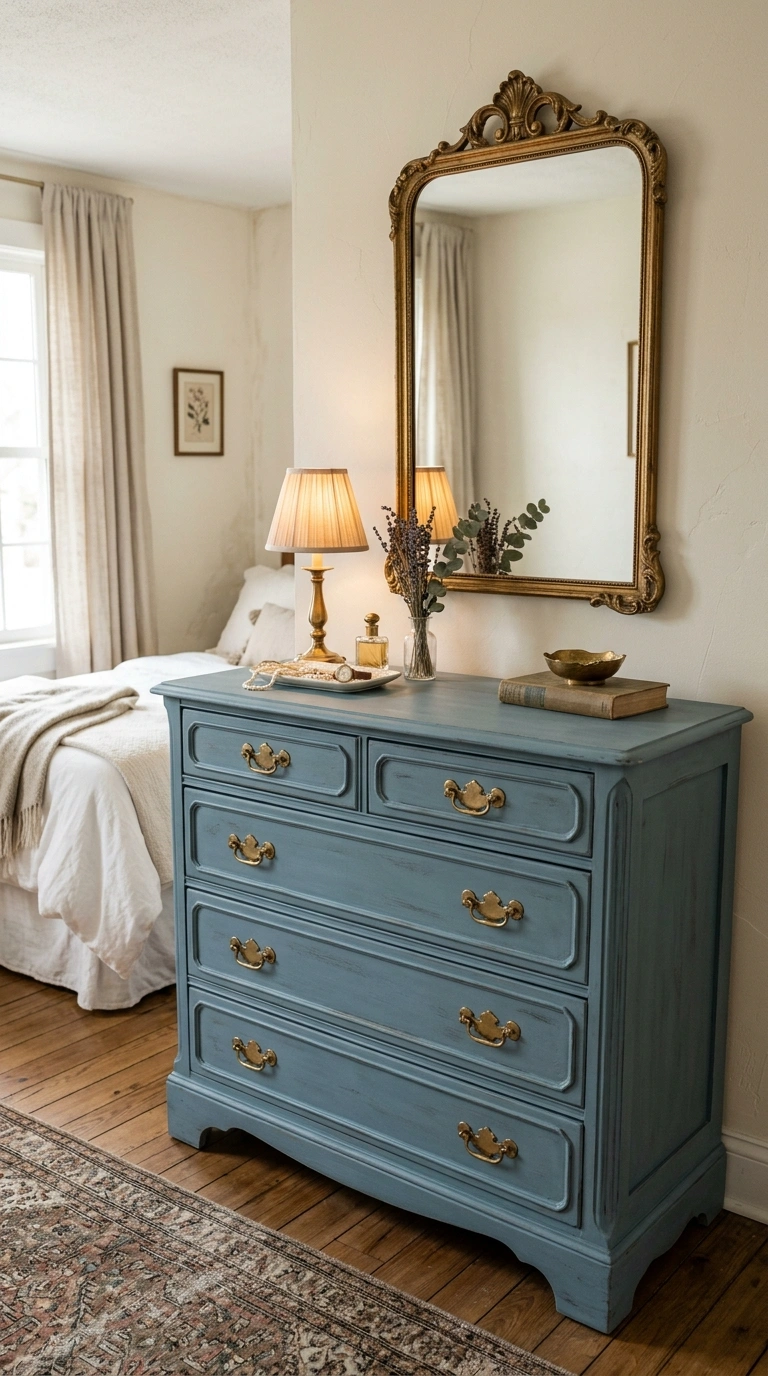 018 Antique Blue Dresser A bedroom featuring a vintage