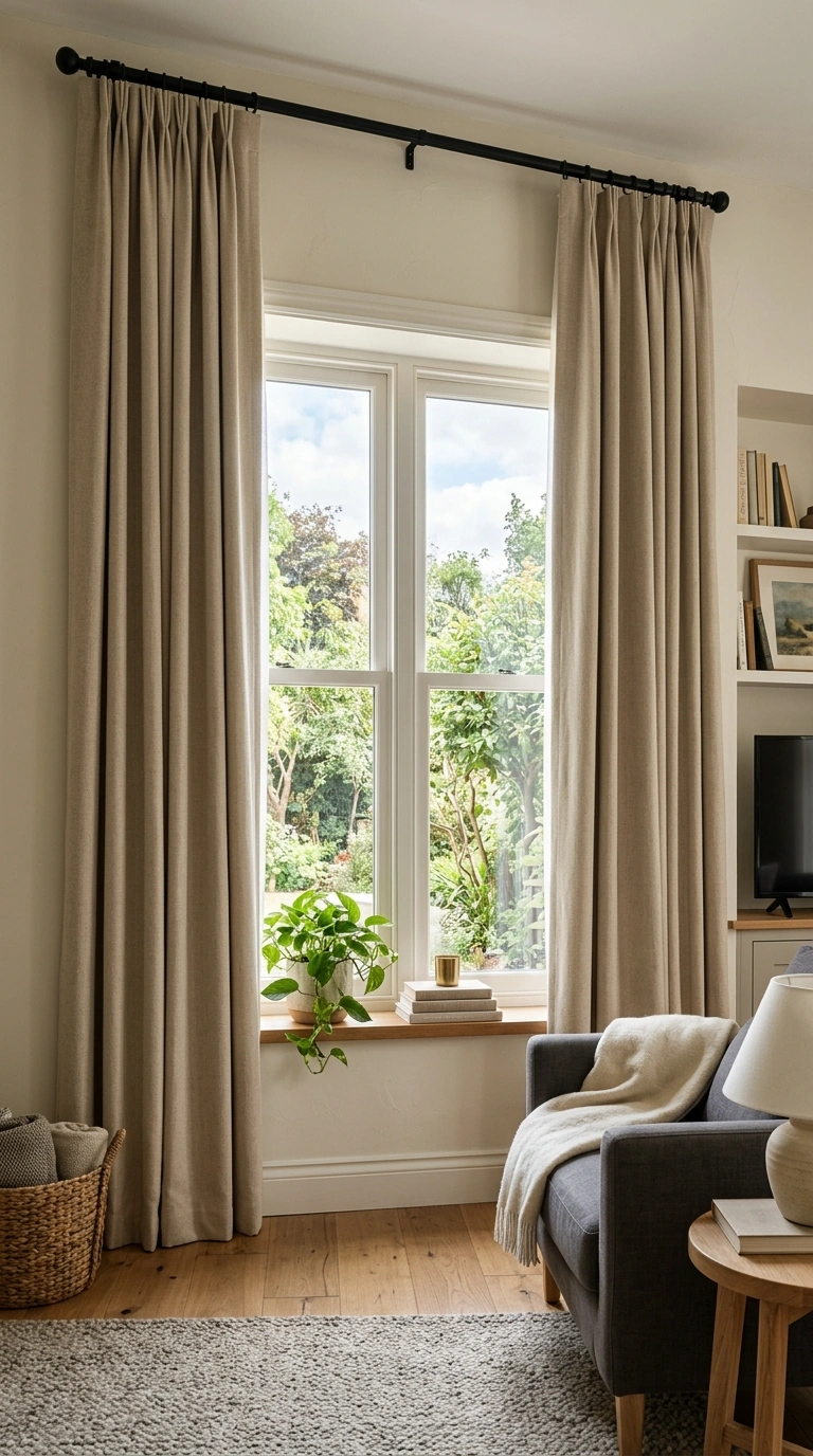 018 Beige Blackout Drapes A living room window dressed