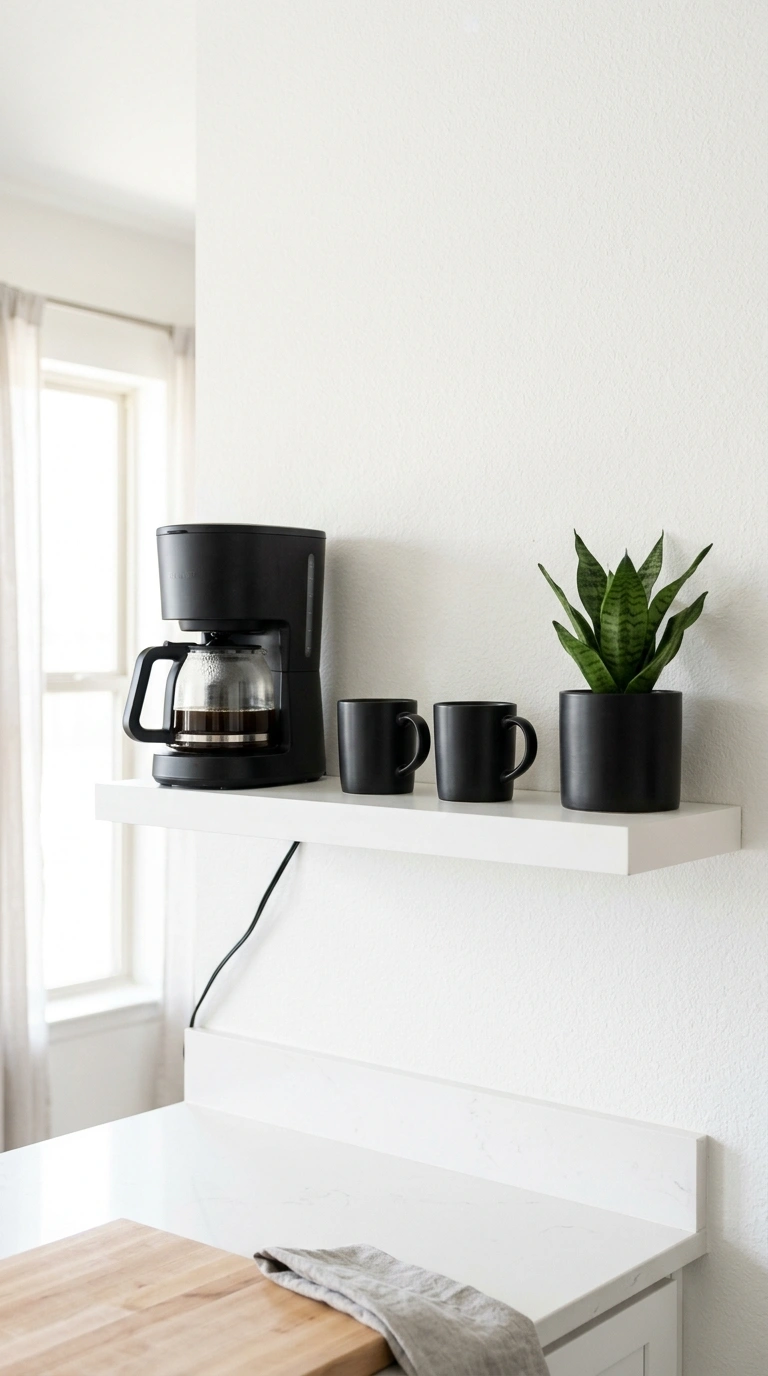 018 Black and White Corner A white floating shelf hold