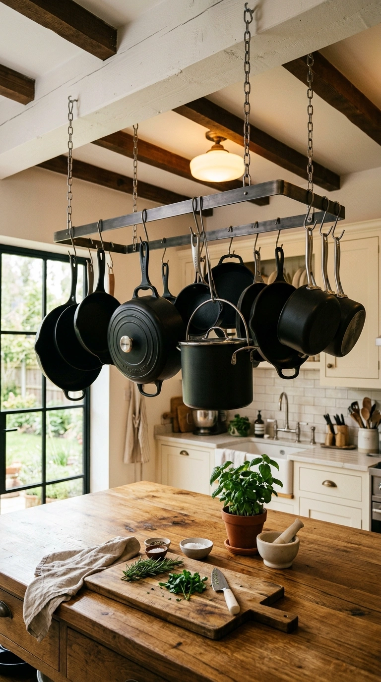 22 Creative Mini Kitchen Ideas for Small Spaces 19 018 Ceiling Hung Pots A metal pot rack suspended from