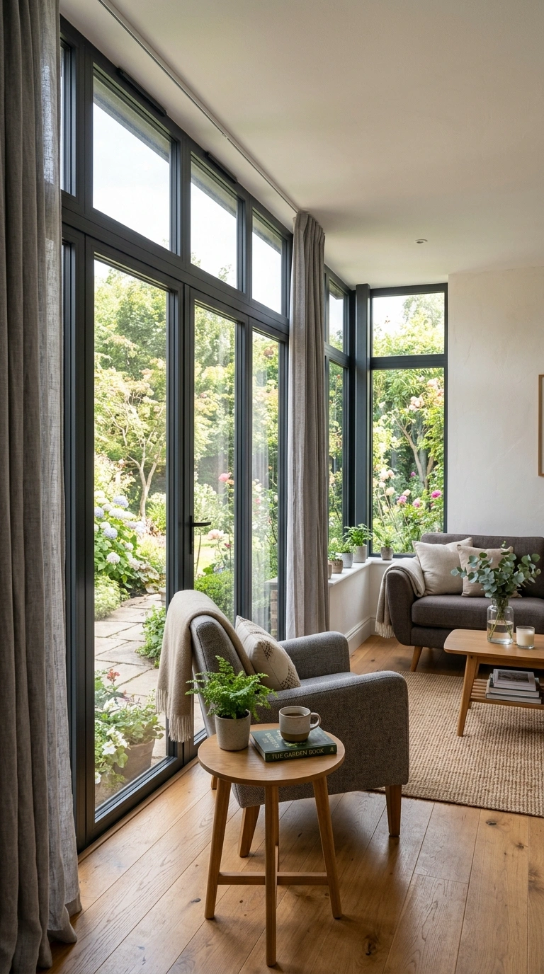 018 Charcoal Window Frames A living room with large wi