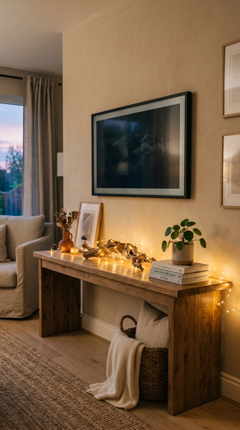 018 Console With String Lights A cozy living room cons