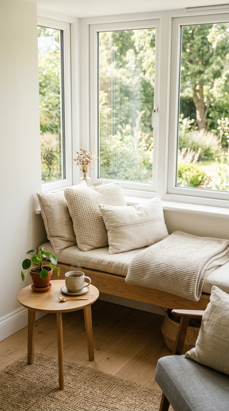018 Cozy Window Bench A low wood bench by a bright win