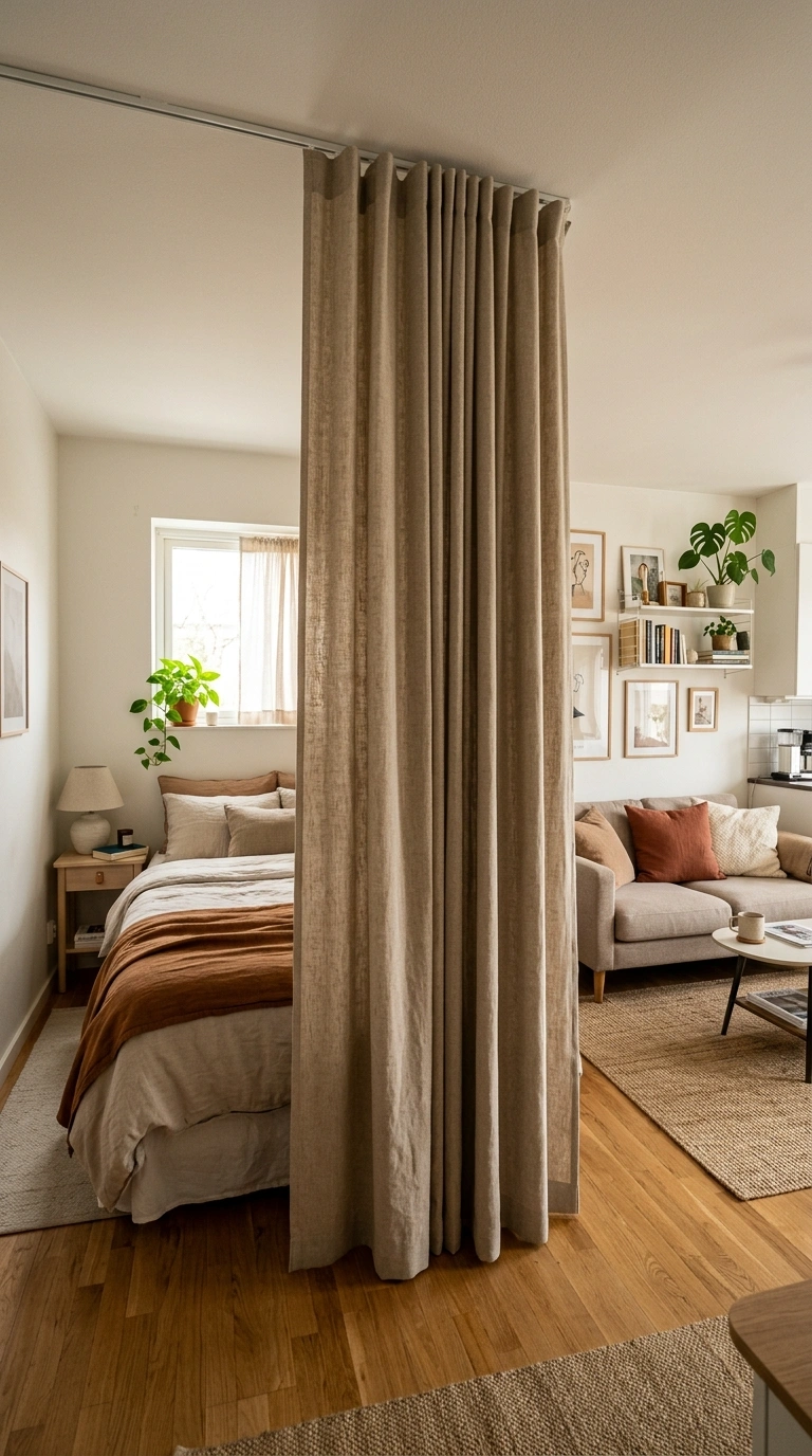 018 Curtain Divider Wall A studio apartment with a flo