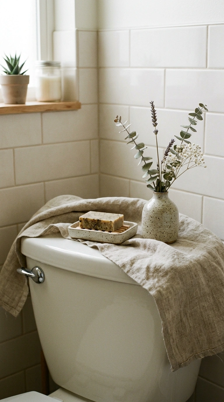 21 Toilet Tank Decor Ideas for a Prettier Bathroom 19 018 Fabric Draped Runner A folded linen fabric runner