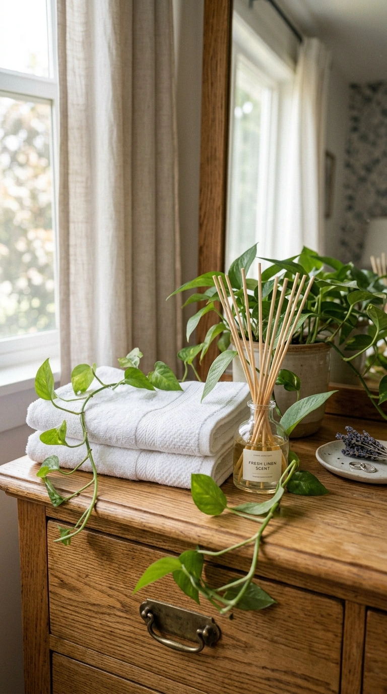 018 Fresh Linen Scent A styled dresser corner featurin