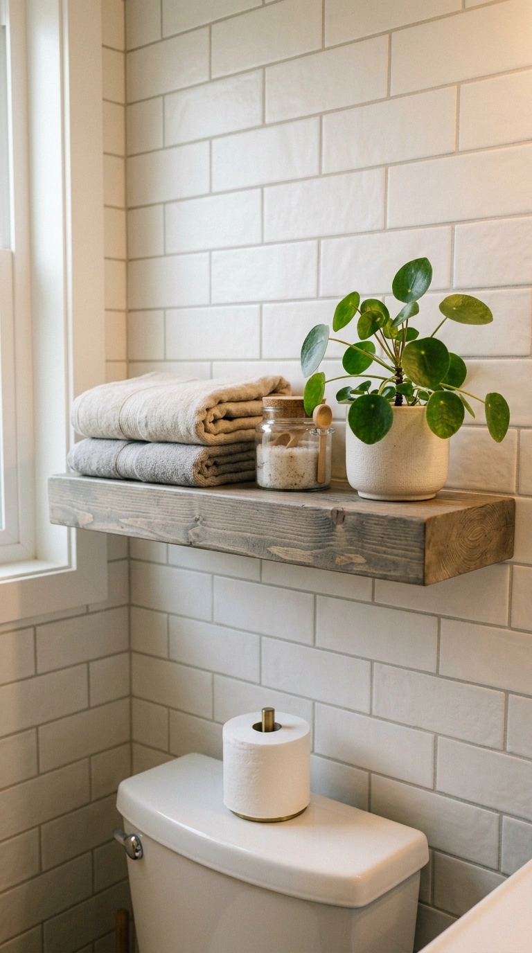 018 Gray Wood Shelving A bathroom wall above the toile