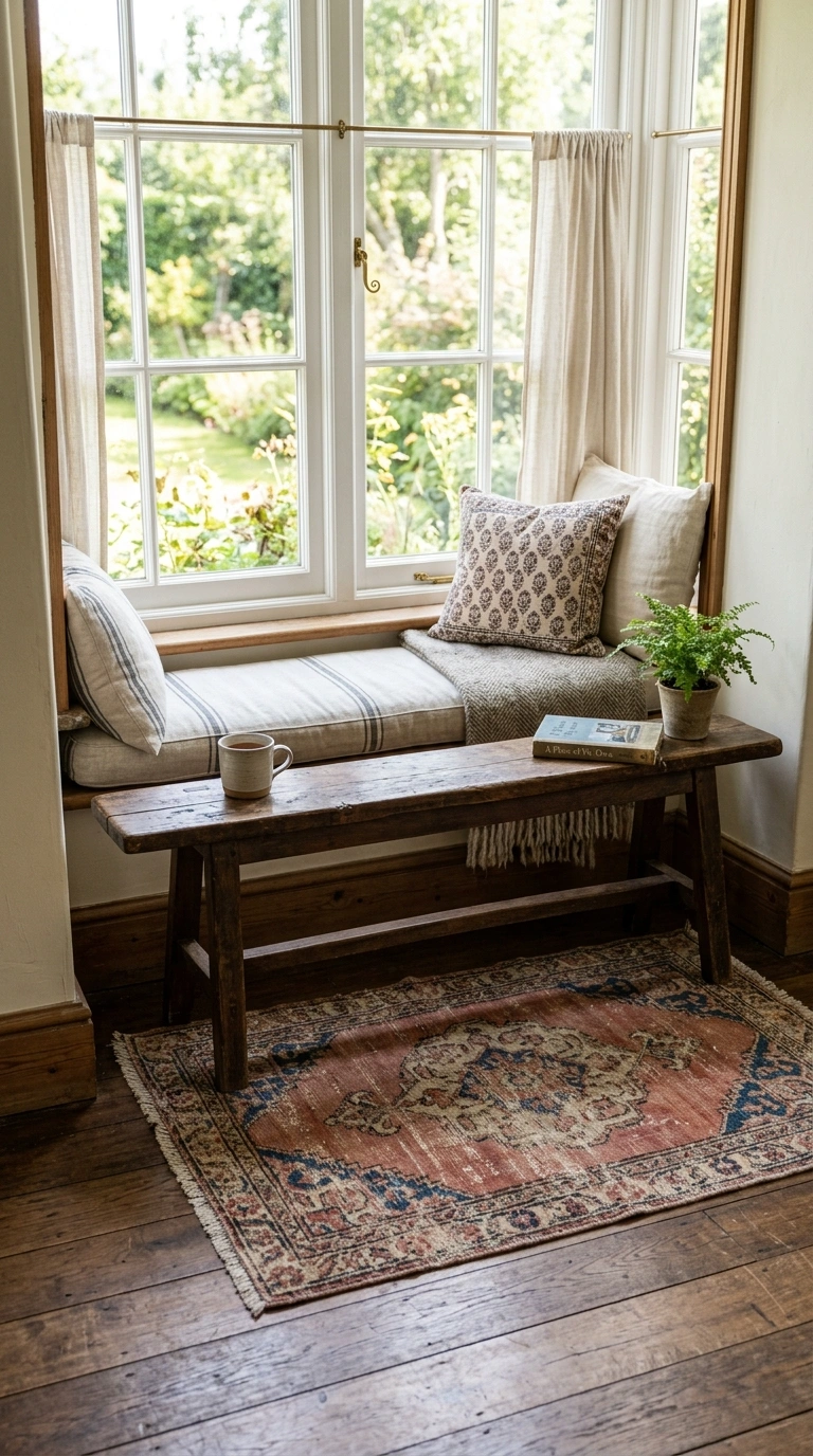 018 Vintage Rug Layering A window seat area with a sma