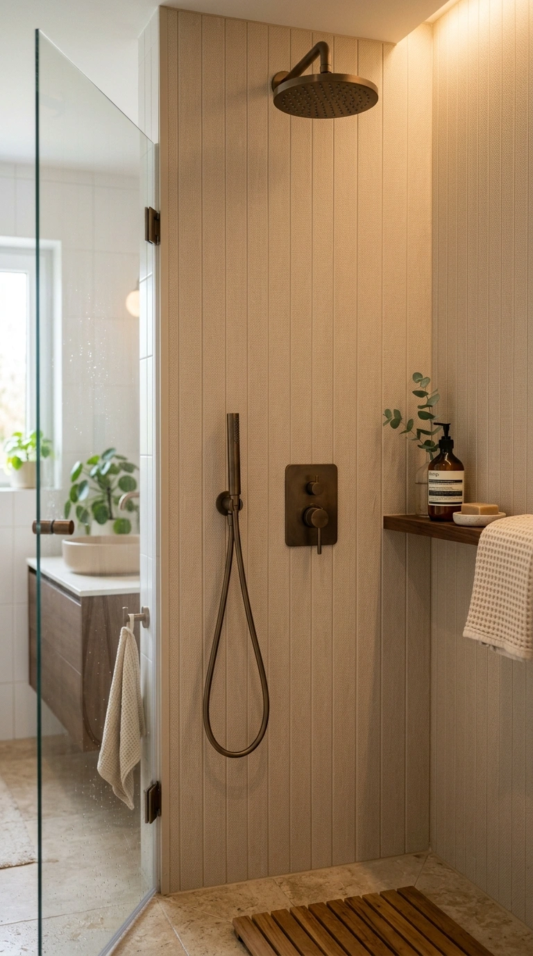 018 Warm Beige Panels A cozy bathroom shower wall feat