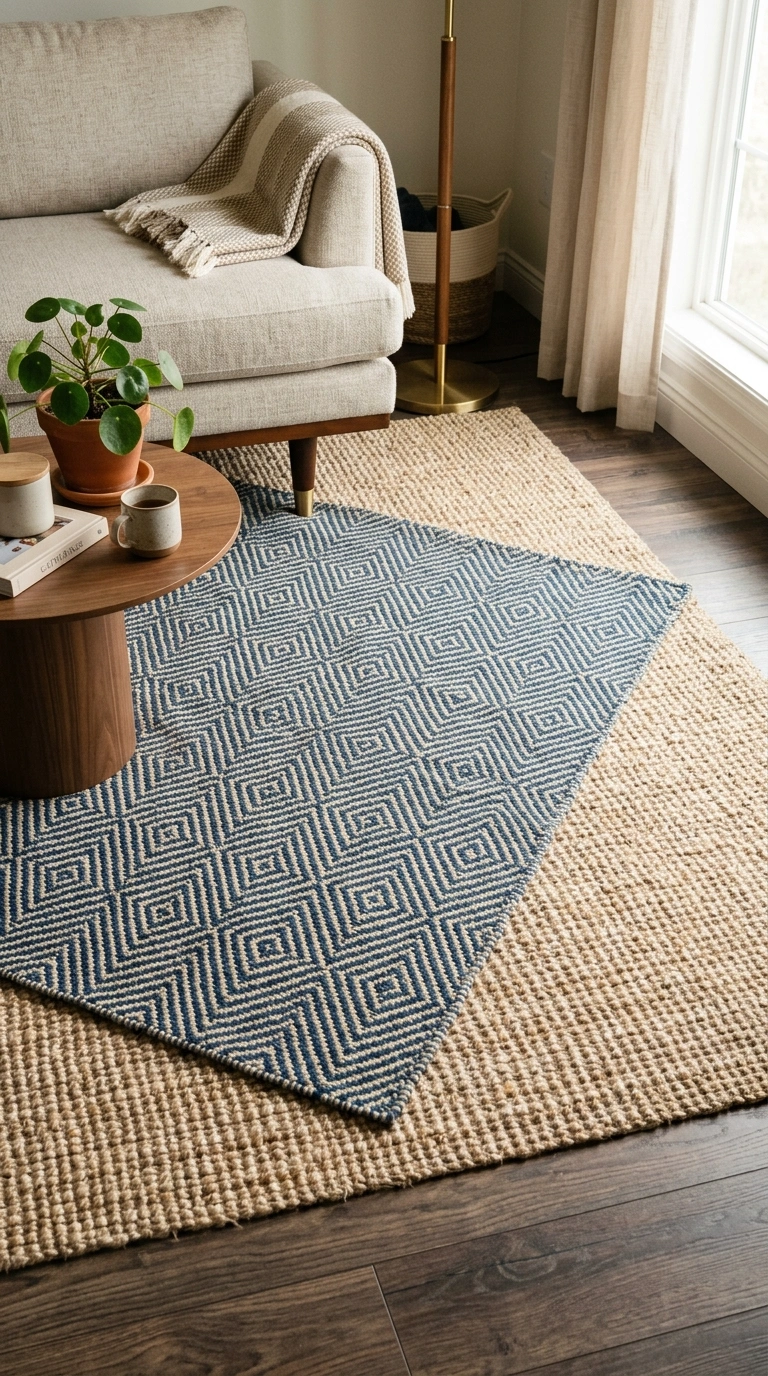 23 Blue and Beige Living Room Ideas That Make This Classic Pairing Work 20 019 19 Blue and Beige Layered Rugs A living room floor