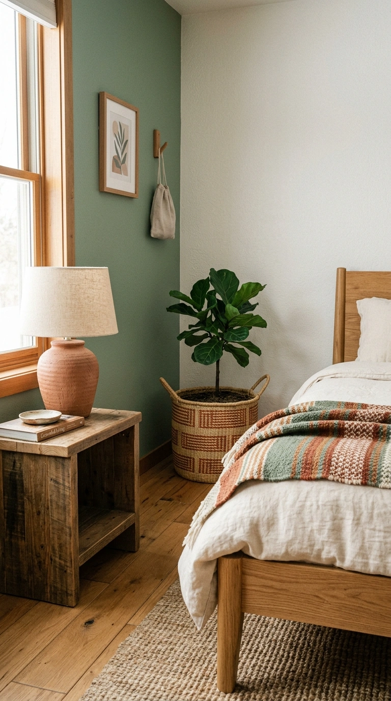 019 19 Terracotta and Sage Duo A bedroom corner with a