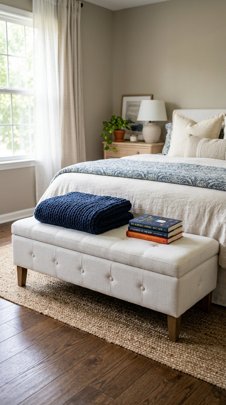 019 19 White Upholstered Bench A white linen upholster