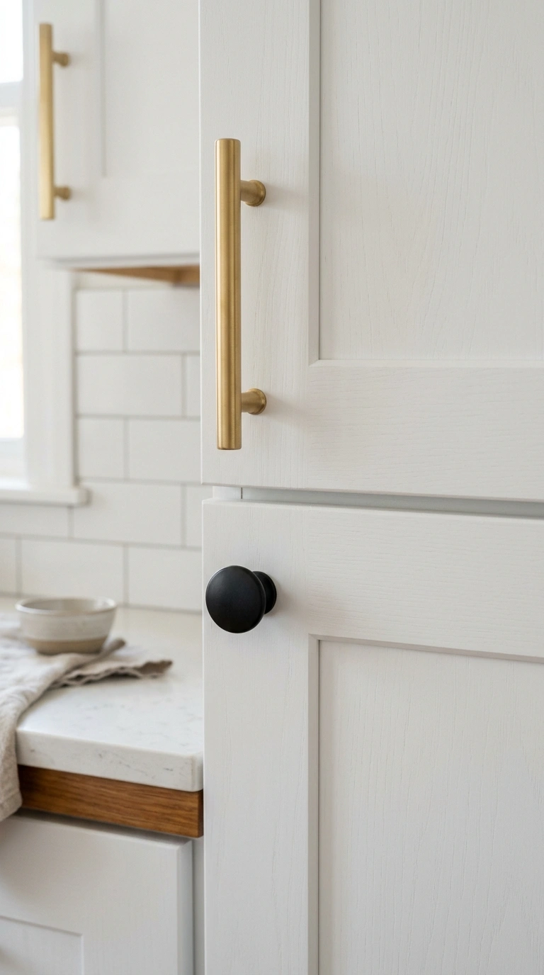 23 Two-Tone Kitchen Ideas That Look Expensive and Timeless 20 019 Brass and Black Hardware Mix A close up of white k