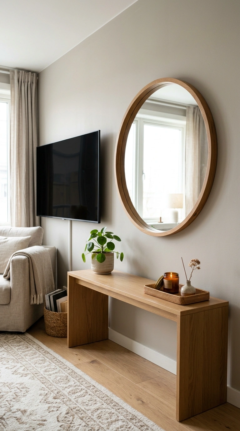 019 Console With Round Mirror A bright living room wit