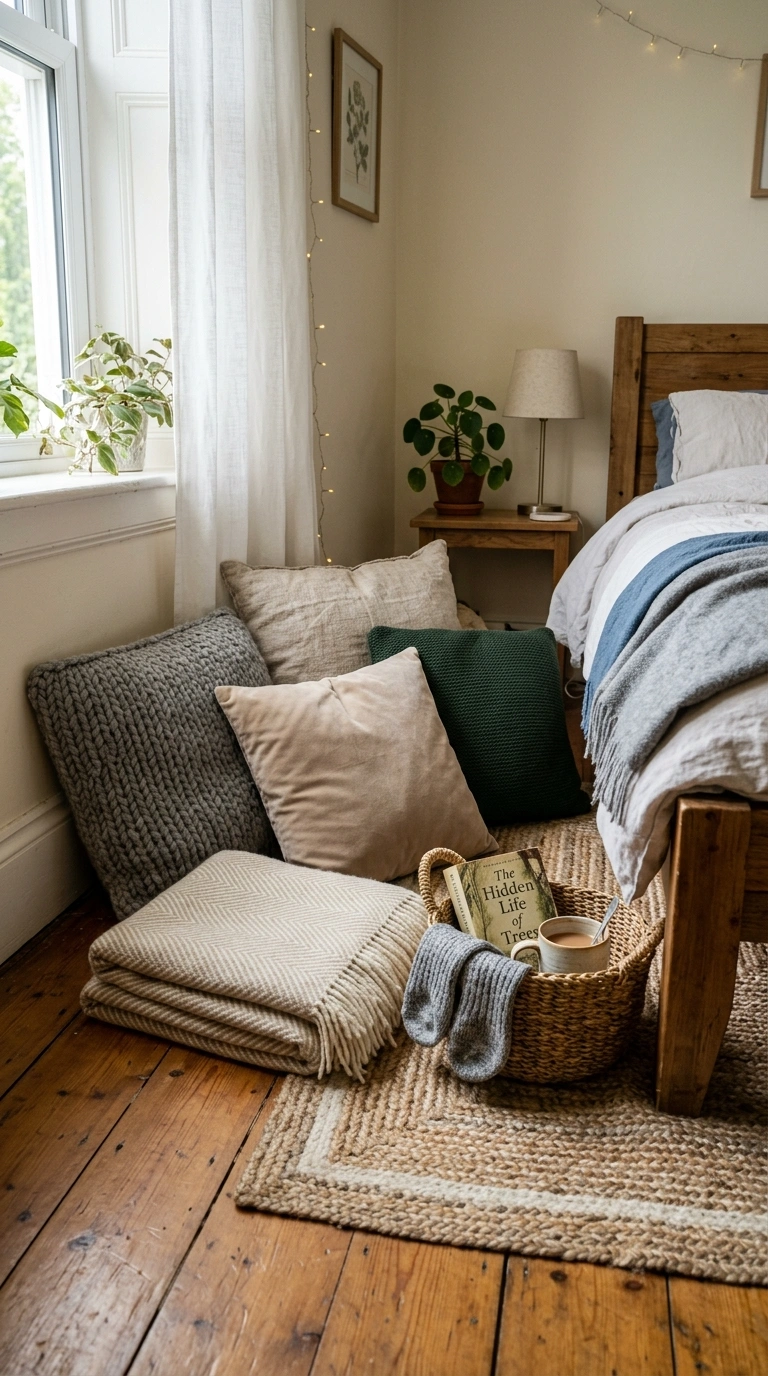 019 Cozy Throw Corner A small floor area near a bed wi