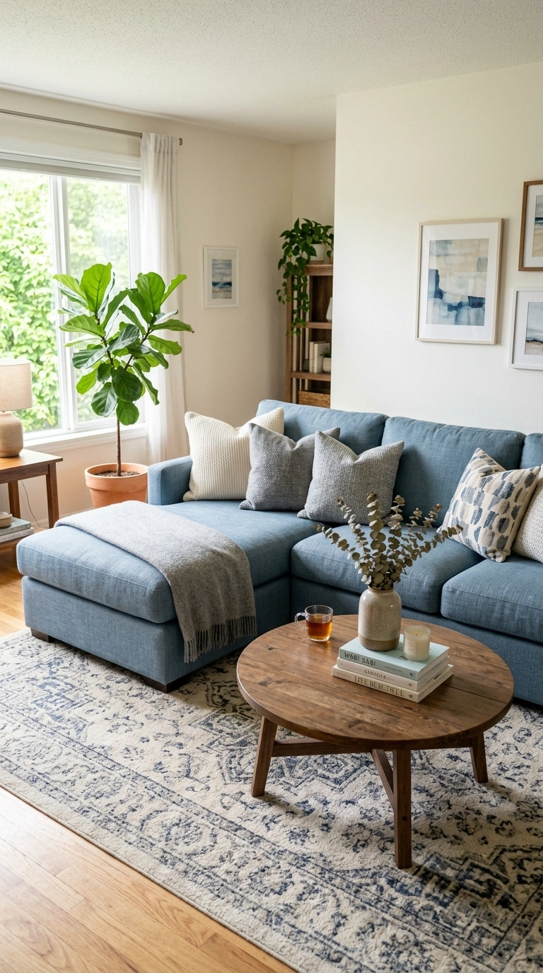 019 Dusty Blue Sectional A dusty blue fabric sectional