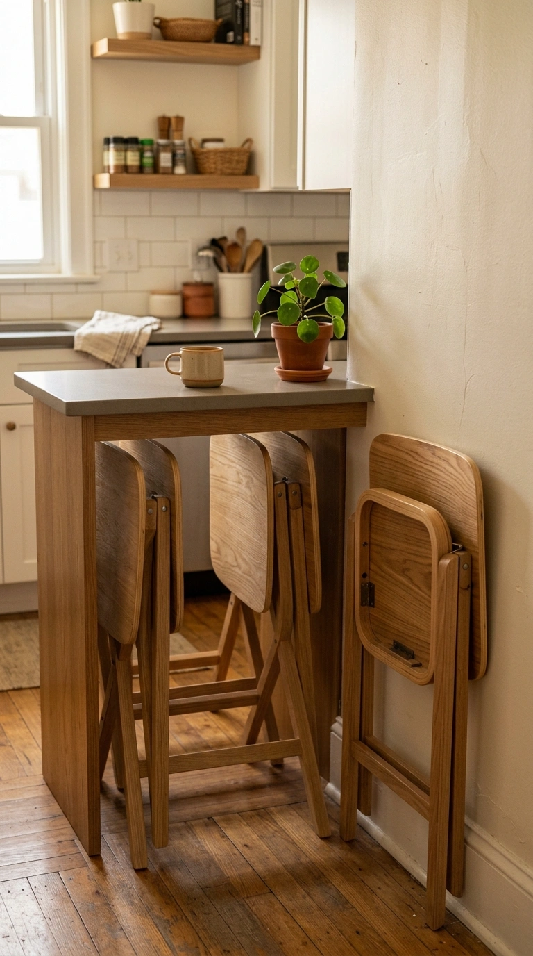 22 Creative Mini Kitchen Ideas for Small Spaces 20 019 Foldable Bar Stools Two lightweight bent wood fold